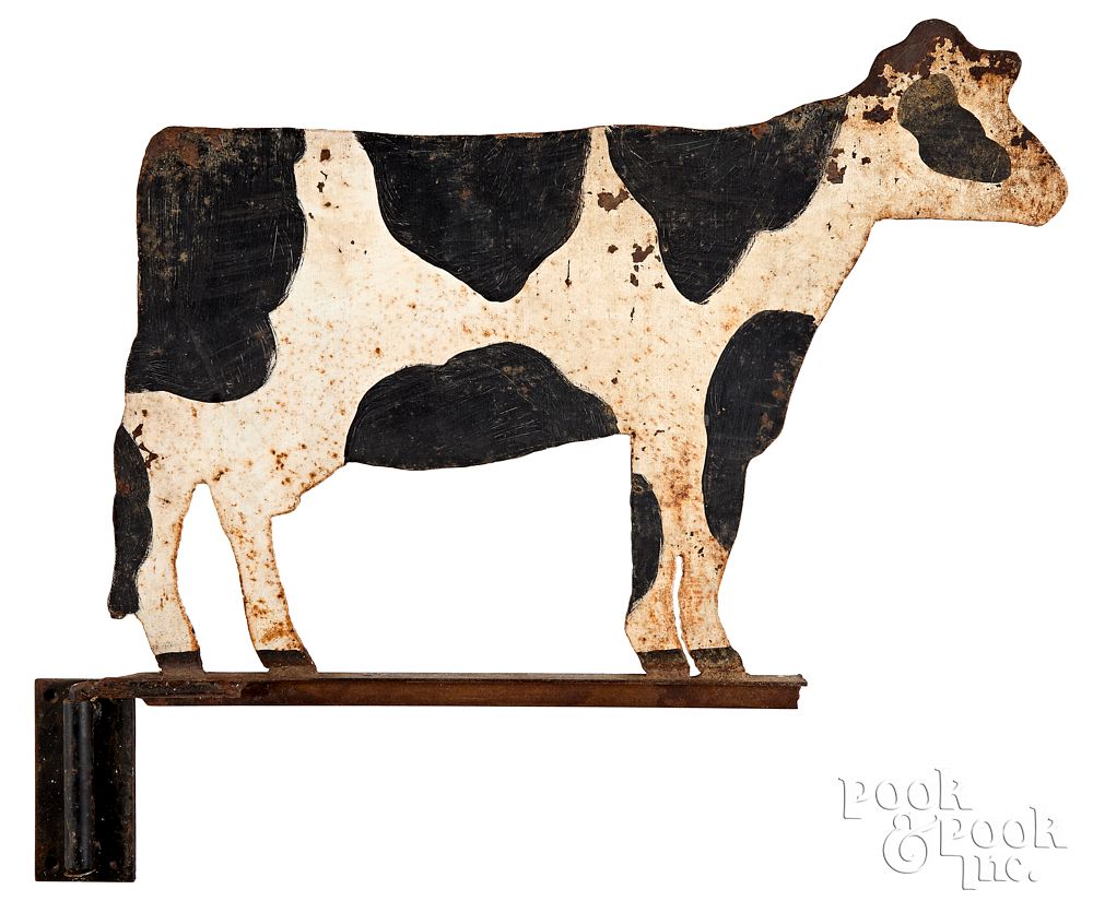 Appraisal: Painted sheet iron cow weathervane early th c Painted sheet