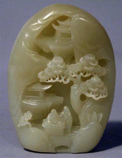 Appraisal: Small white jade boulder Of oval form carved in high