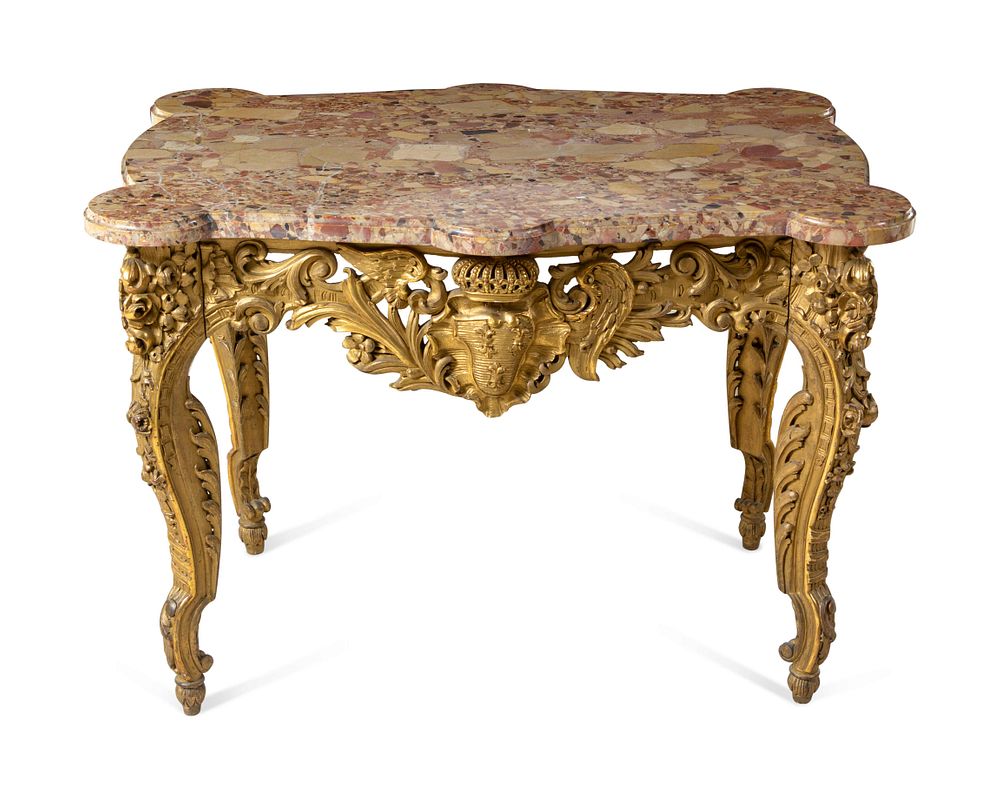 Appraisal: A Louis XV Style Carved Giltwood Marble-Top Center Table A