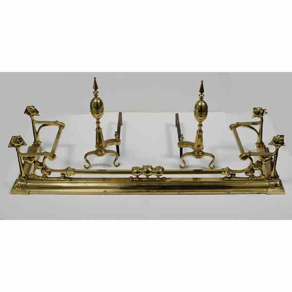 Appraisal: Brass Fender and Andirons English a pair of brass andirons