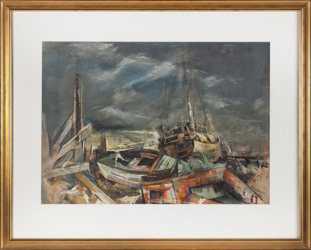 Appraisal: XAVIER GONZALEZ MASSACHUSETTS MEXICO - BOAT YARD WATERCOLOR AND GOUACHE