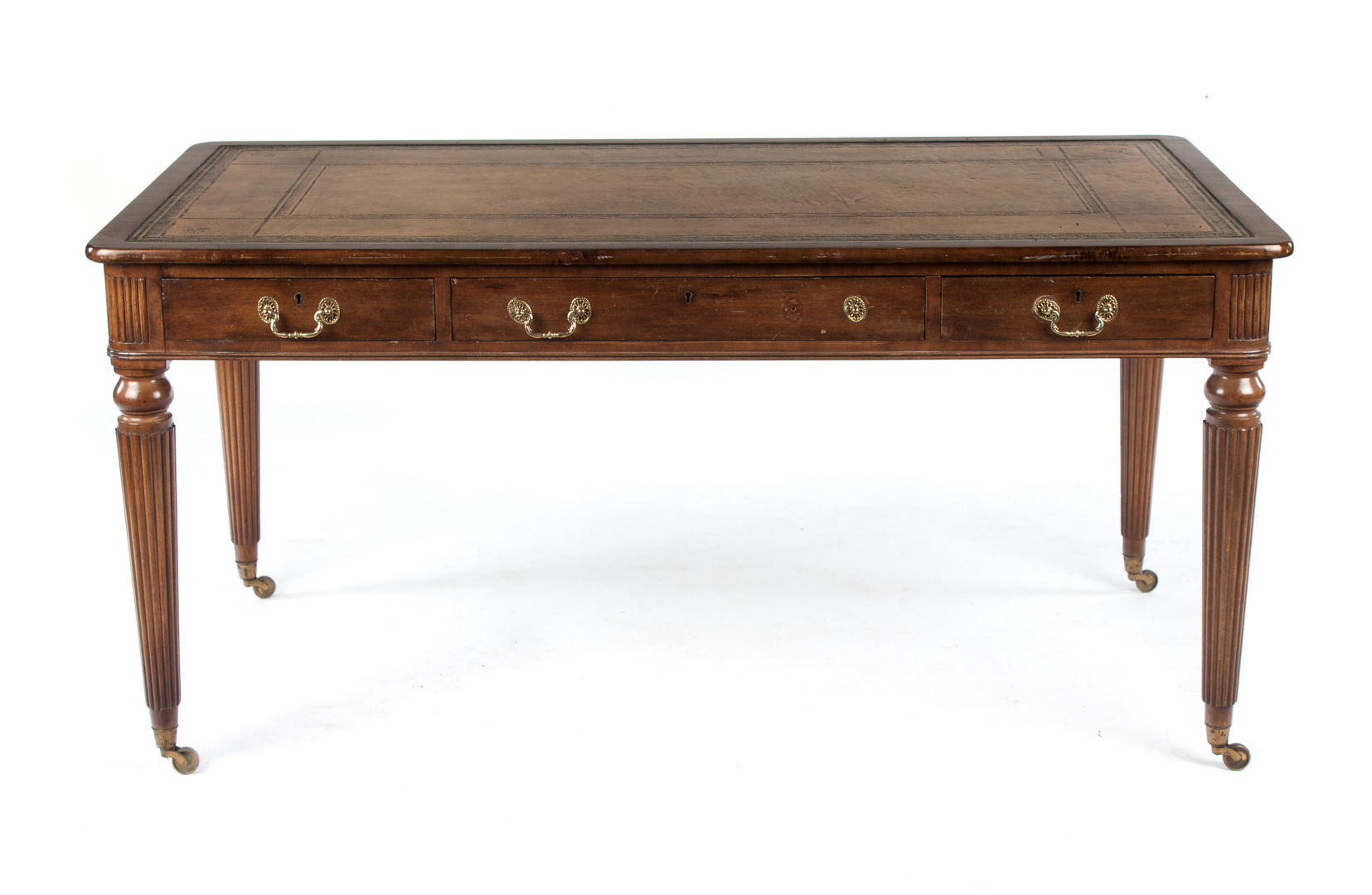 Appraisal: Regency style mahogany leather-top desk th century tooled leather inset