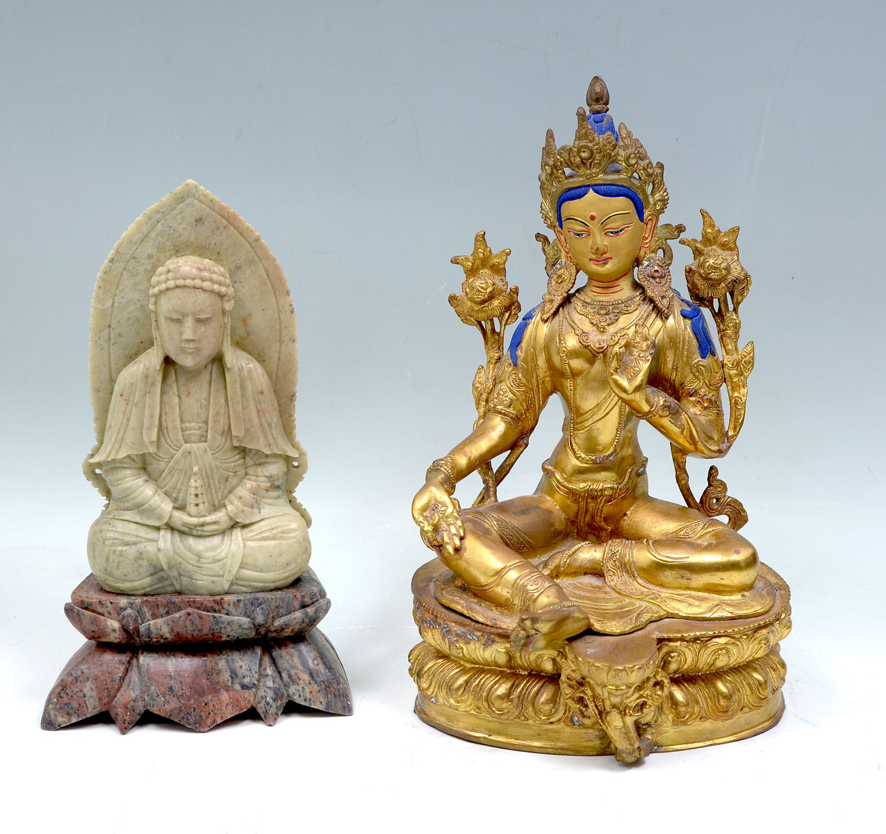 Appraisal: PC GILT BRONZE AND SOAPSTONE DEITIES - Gilt bronze Bodhisattvain