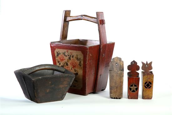 Appraisal: FIVE WOODEN PIECES Asian th century Two carriers the larger