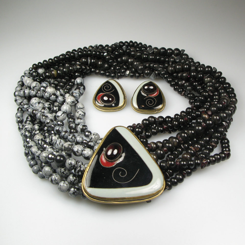 Appraisal: American School Strand Black Coral Garnet Hematite And Snowflake Obsidian