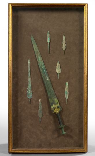 Appraisal: Shadowboxed Group of Oriental Weapons including a T'ang Dynasty short