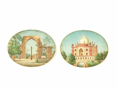 Appraisal: Two Indian oval paintings on ivory The Taj Mahal and