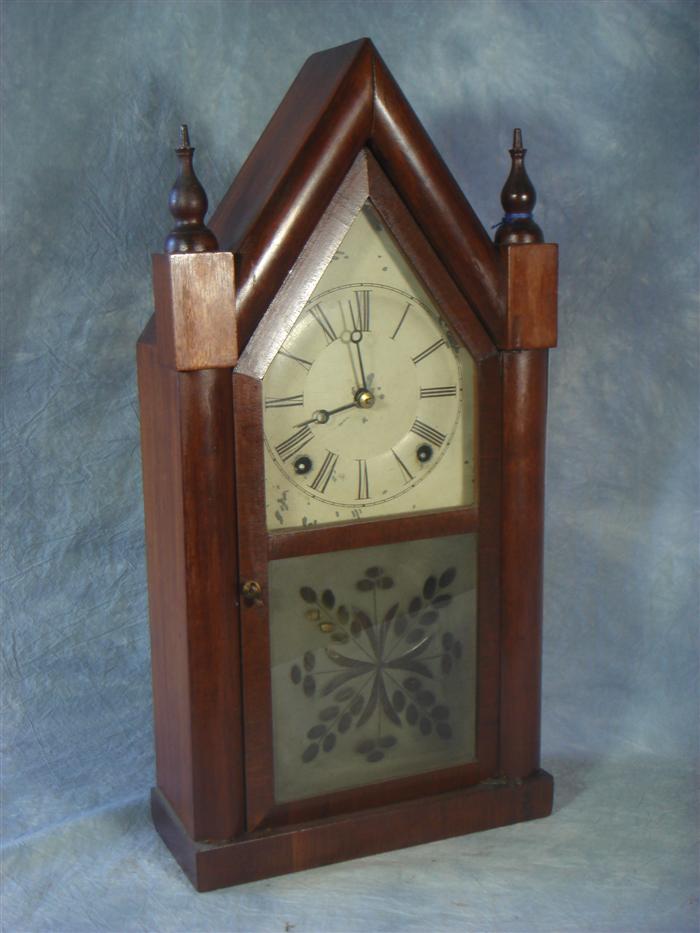 Appraisal: Daniel Pratt's sons mahogany steeple clock key pendulum Chips to