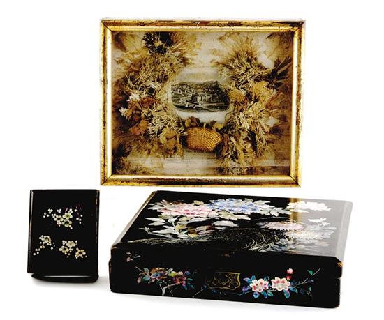 Appraisal: Chinese inlaid lacquer box and English shadowbox framed art circa