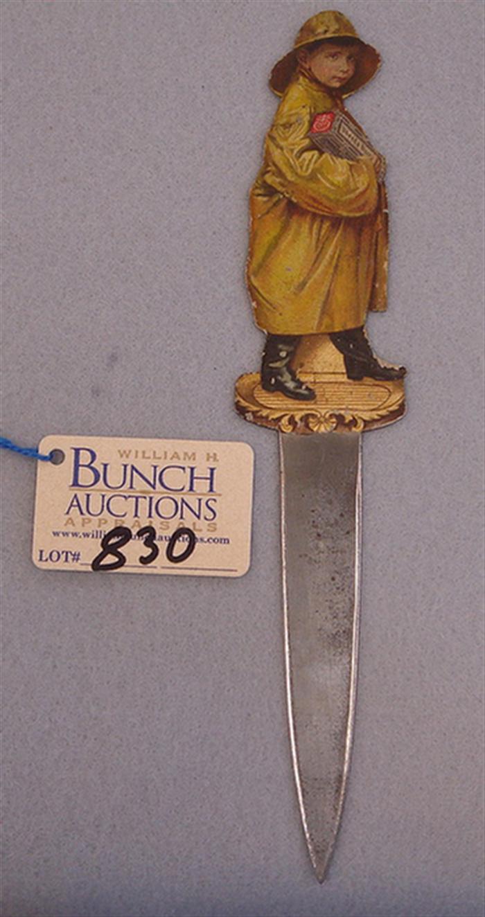 Appraisal: Vintage advertising white metal figural letter opener with a color