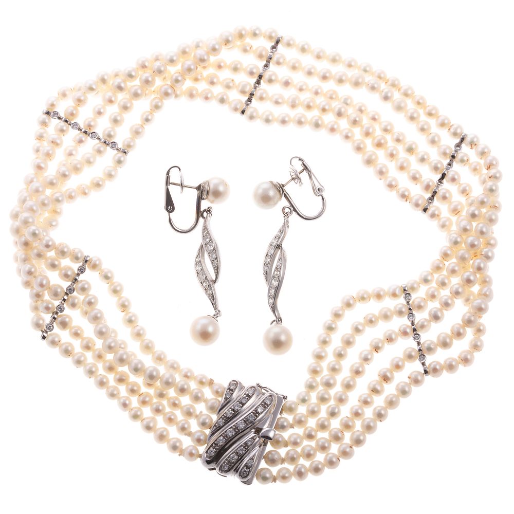 Appraisal: A K Diamond Pearl Choker Matching Earrings K white gold