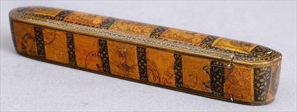 Appraisal: PERSIAN LACQUER PEN BOX WITH POSTAGE STAMP DECOUPAGE The sliding