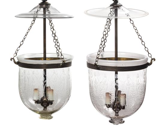 Appraisal: Sale Lot A Pair of Etched Glass Three-Light Hall Lanterns