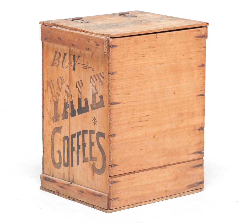 Appraisal: AMERICAN YALE COFFEE BOX Late th century pine Stenciled on