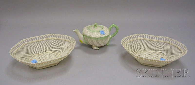 Appraisal: Belleek Green Nautilus Pattern Teapot and a Pair of Oval