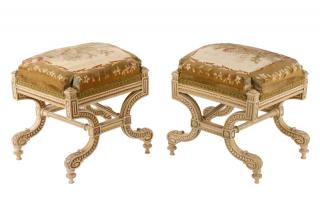 Appraisal: Pair of Louis XVI Style Tapestry Covered Tabourets Continental th