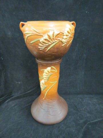 Appraisal: Roseville Pottery Freesia Jardiniere Pedestalbrown pot is - overall both