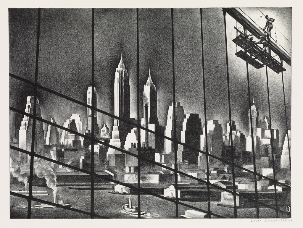 Appraisal: LOUIS LOZOWICK Through Brooklyn Bridge Cables Lithograph x mm x