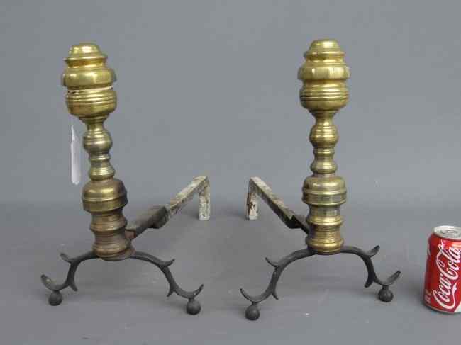 Appraisal: Pair th c brass andirons '' Ht