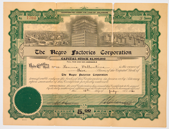 Appraisal: SIGNED BY GARVEY GARVEY MARCUS The Negro Factories Corporation Capital