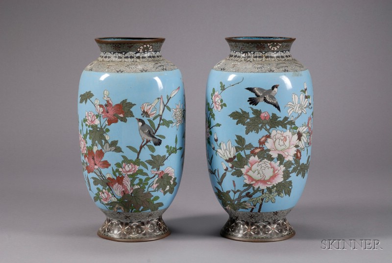 Appraisal: Pair of Cloisonne Vases Japan th century birds and flowers