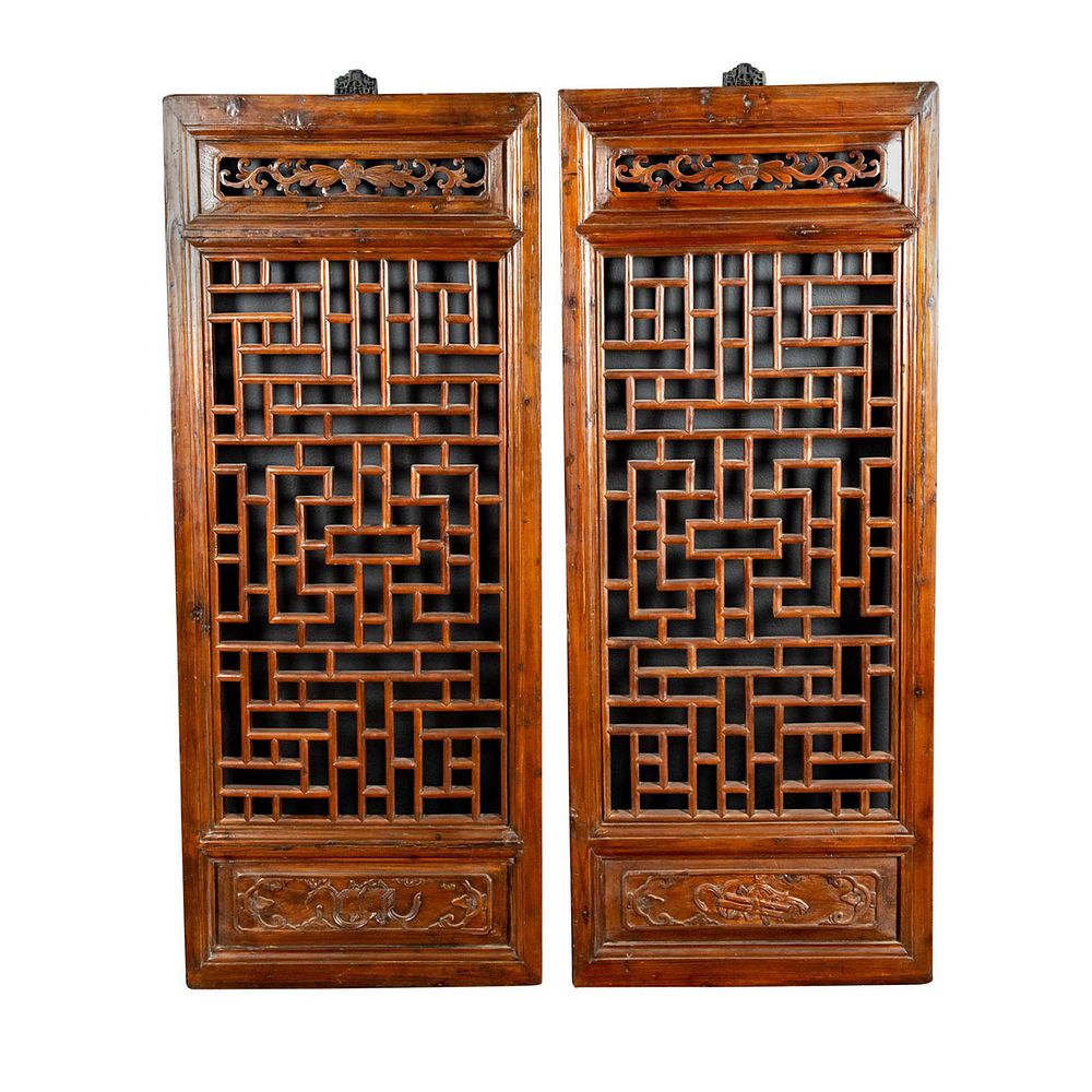 Appraisal: ANTIQUE CHINESE PINE WOOD WINDOW LATTICE PANELS th century brown