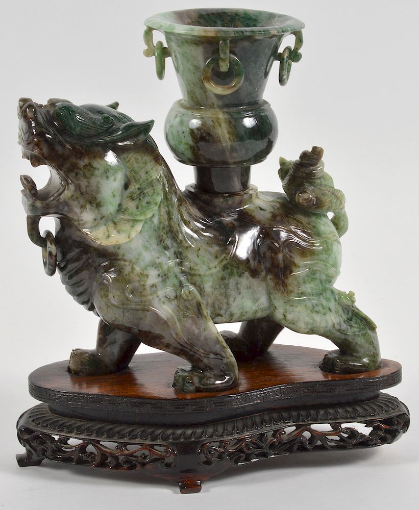 Appraisal: Carved Chinese Jade Foo Dog with Wood Base Carved spinach