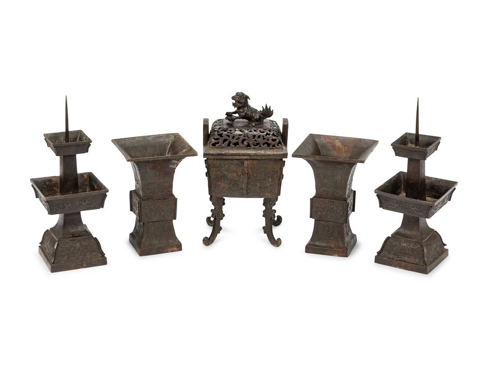 Appraisal: A Chinese Archaistic Bronze Five-Piece Garniture A Chinese Archaistic Bronze