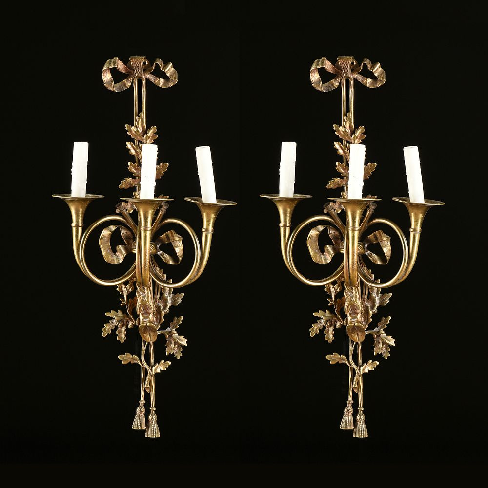 Appraisal: A PAIR OF LOUIS XVI STYLE GILT BRONZE THREE LIGHT