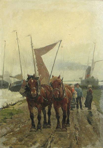 Appraisal: Frans van Leemputten Belgian - Draft horses and figures on