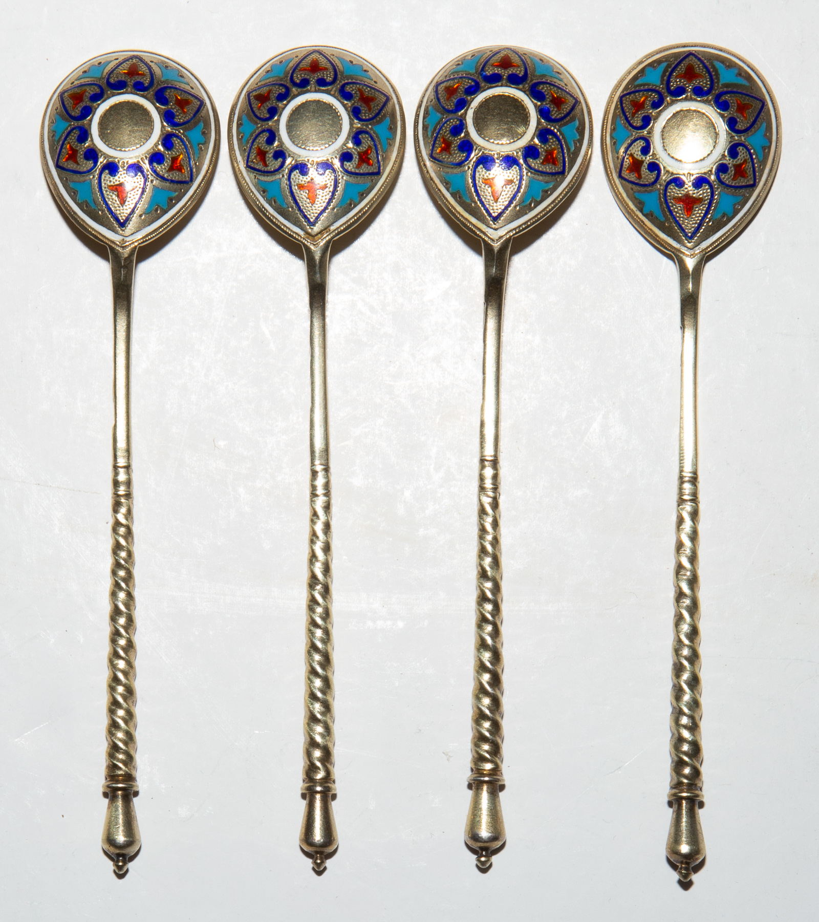 Appraisal: FOUR RUSSIAN SILVER-GILT ENAMEL TEASPOONS AM maker's mark Moscow silver