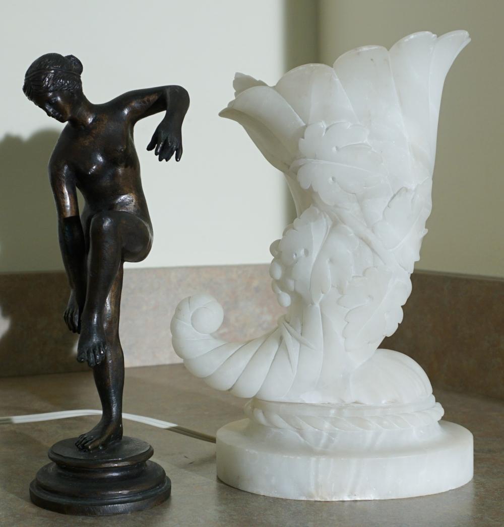 Appraisal: CLASSICAL REVIVAL BRONZE FEMALE FIGURE WITH NEOCLASSICAL STYLE ALABASTER CORNUCOPIA