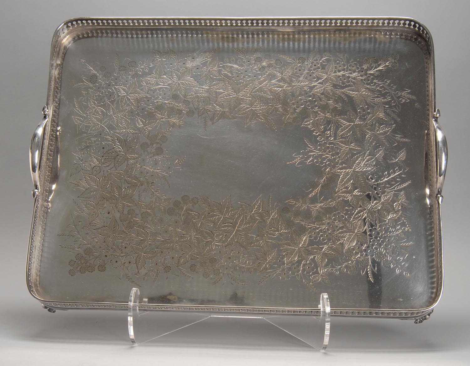 Appraisal: SHEFFIELD SILVER PLATED TWO-HANDLED WAITER In rectangular-form with fenestrated rim