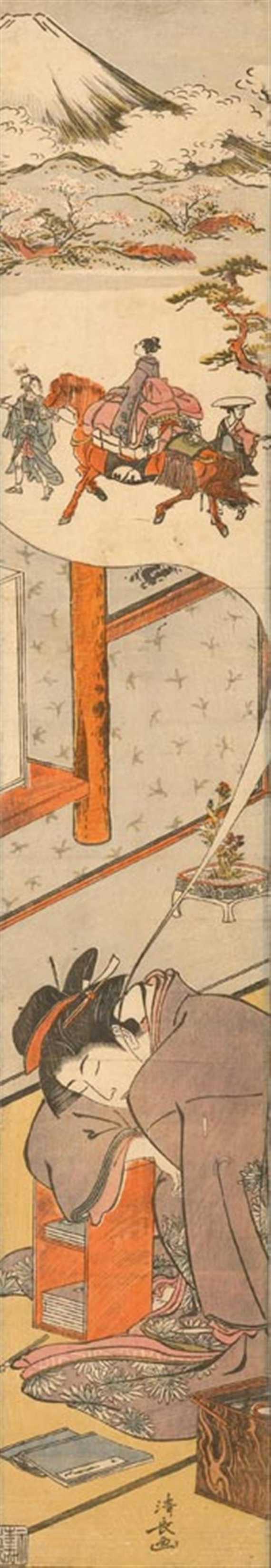 Appraisal: A WOODCUT PRINT BY TORII KIYONAGA - Hashira-e A dreaming