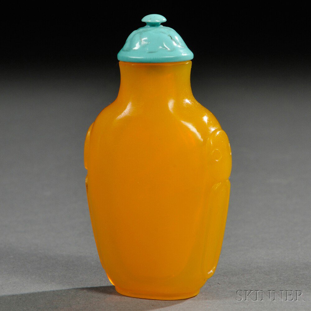 Appraisal: Yellow Peking Glass Snuff Bottle China Qing dynasty flattened ovoid