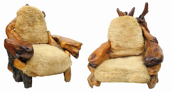 Appraisal: A pair of redwood chairs with sheepskin cushions height in