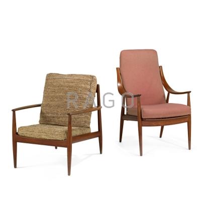 Appraisal: DANISH Two lounge chairs s Walnut and upholstery Retailer s