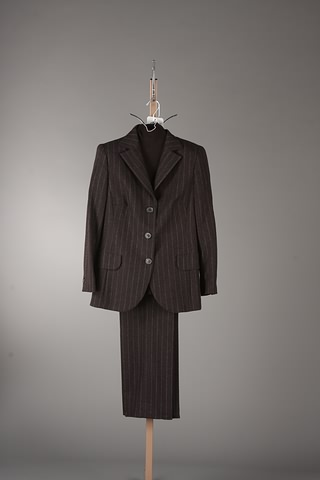 Appraisal: Akris brown lavender pinstripe slacks suit with sweater lavender trim