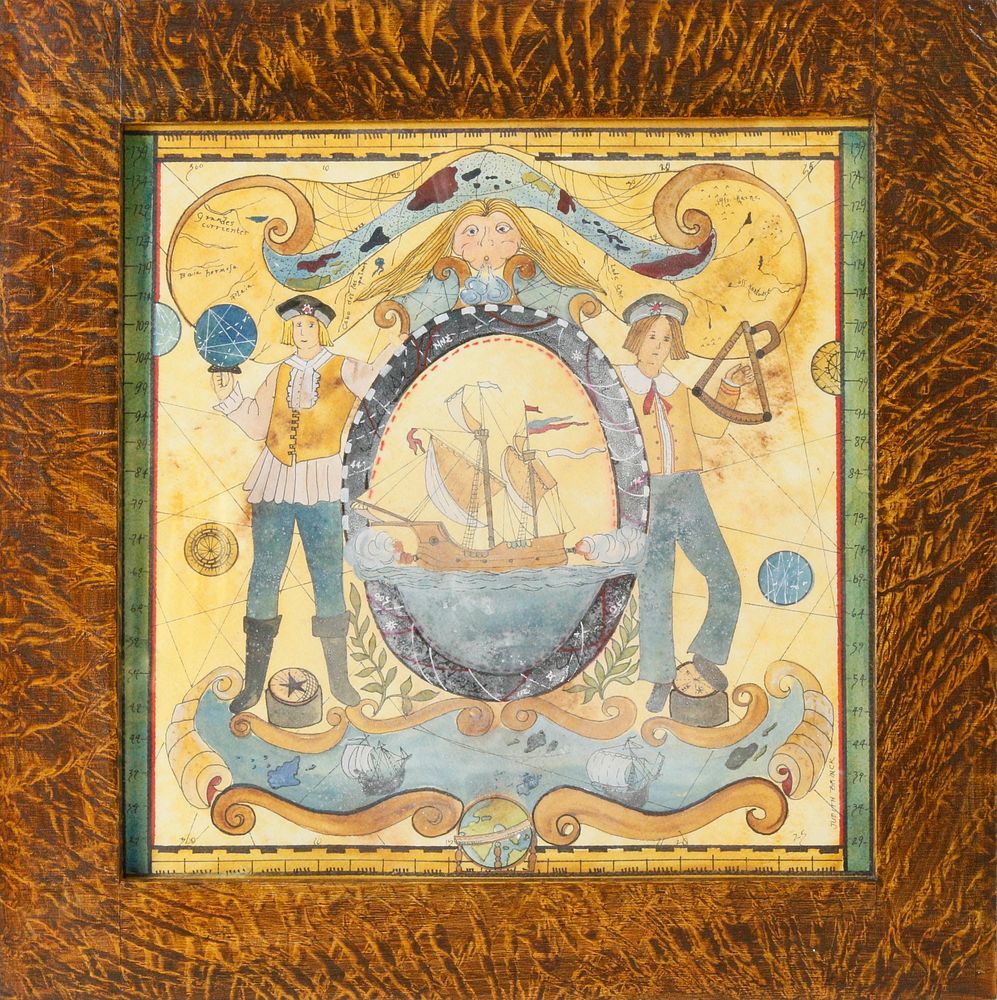 Appraisal: Judith Brinck Folk Art Watercolor Voyage of Discovery Judith Brinck