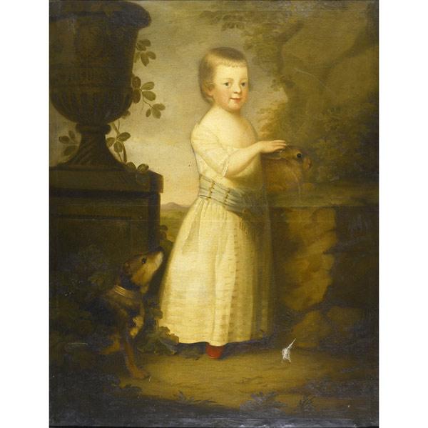 Appraisal: TH C PORTRAIT Untitled Girl with Rabbit and Dog oil