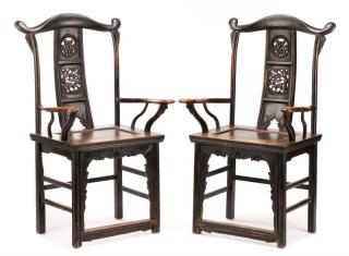 Appraisal: Pair Chinese Hardwood Yoke Back Armchairs Chinese late th century