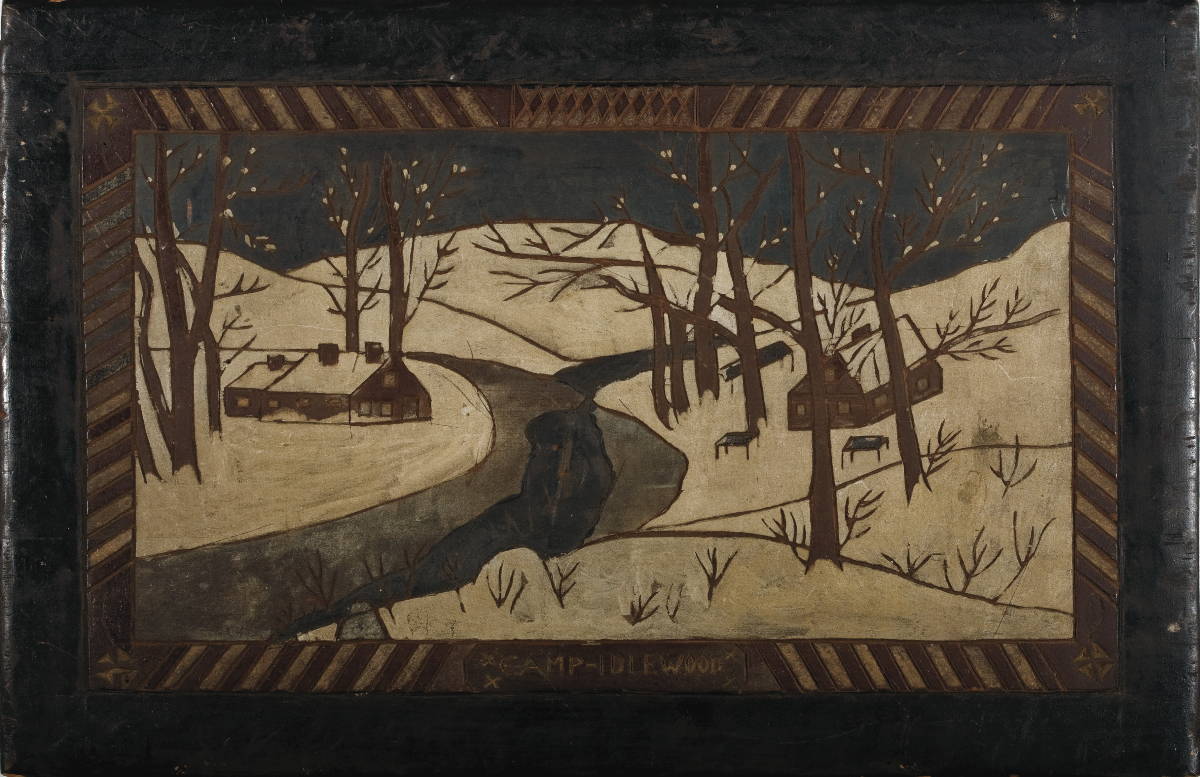 Appraisal: CAMP IDLEWOOD A CARVED AND PAINTED FOLK ART WINTER SCENE