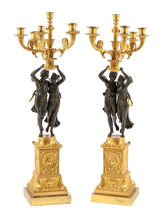 Appraisal: A Pair of Empire Style Gilt and Patinated Bronze Candelabra