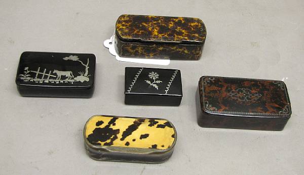 Appraisal: Five tortoiseshell or papier m ch snuff boxes mid th