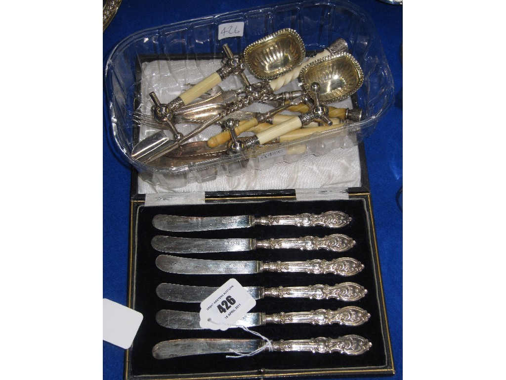 Appraisal: Lot comprising cased set of silver handled knives and a