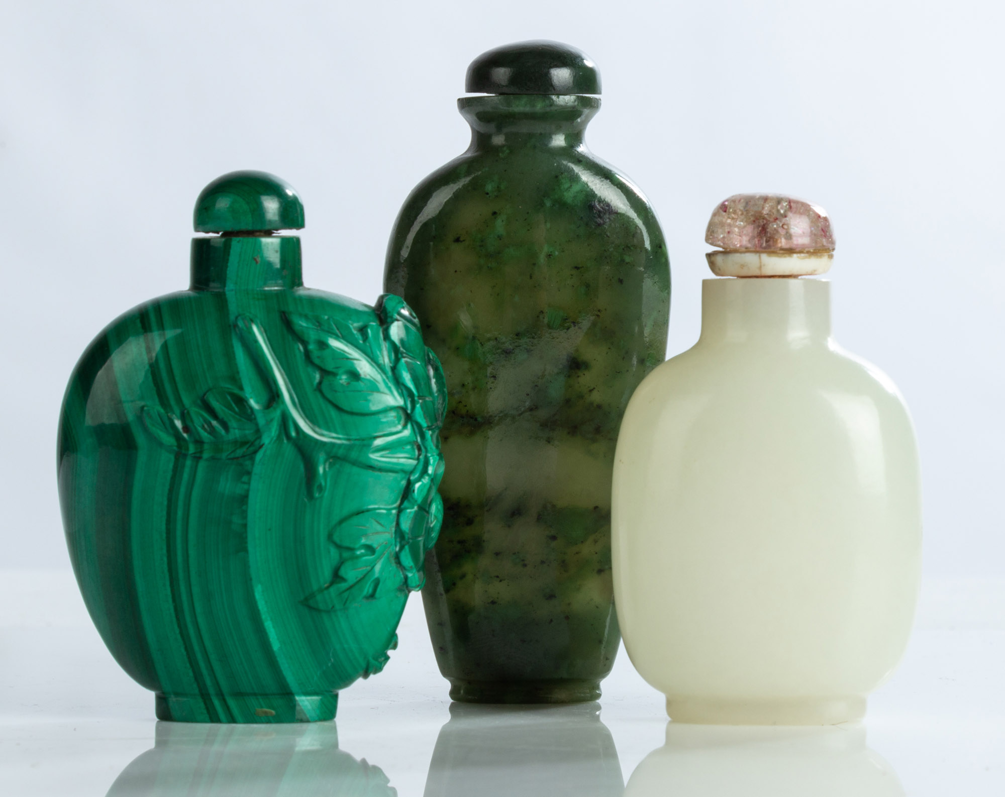 Appraisal: CHINESE SNUFF BOTTLES Spinach Jade Jade Malachite bottles