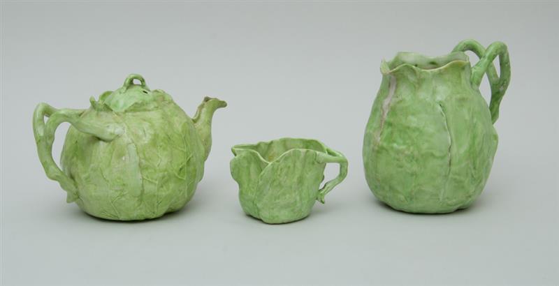 Appraisal: LETTUCE LEAF POTTERY TEAPOT AND CREAMER AND MATCHING PITCHER The