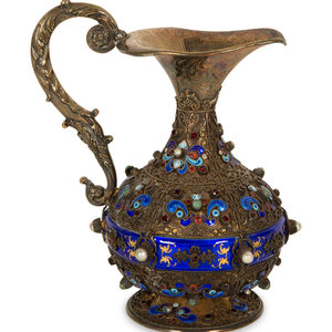 Appraisal: A Continental Enameled and Gem-Encrusted Silver-Gilt Wine Ewer Late th