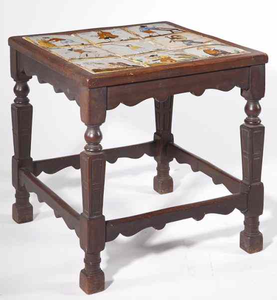 Appraisal: Dutch Tile Side Tablecirca s walnut square baluster legs stretchers