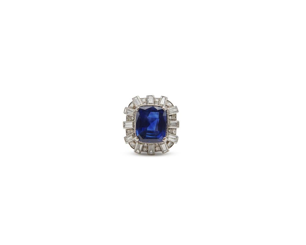 Appraisal: Platinum Sapphire and Diamond Ring centering a cushion-cut sapphire weighing